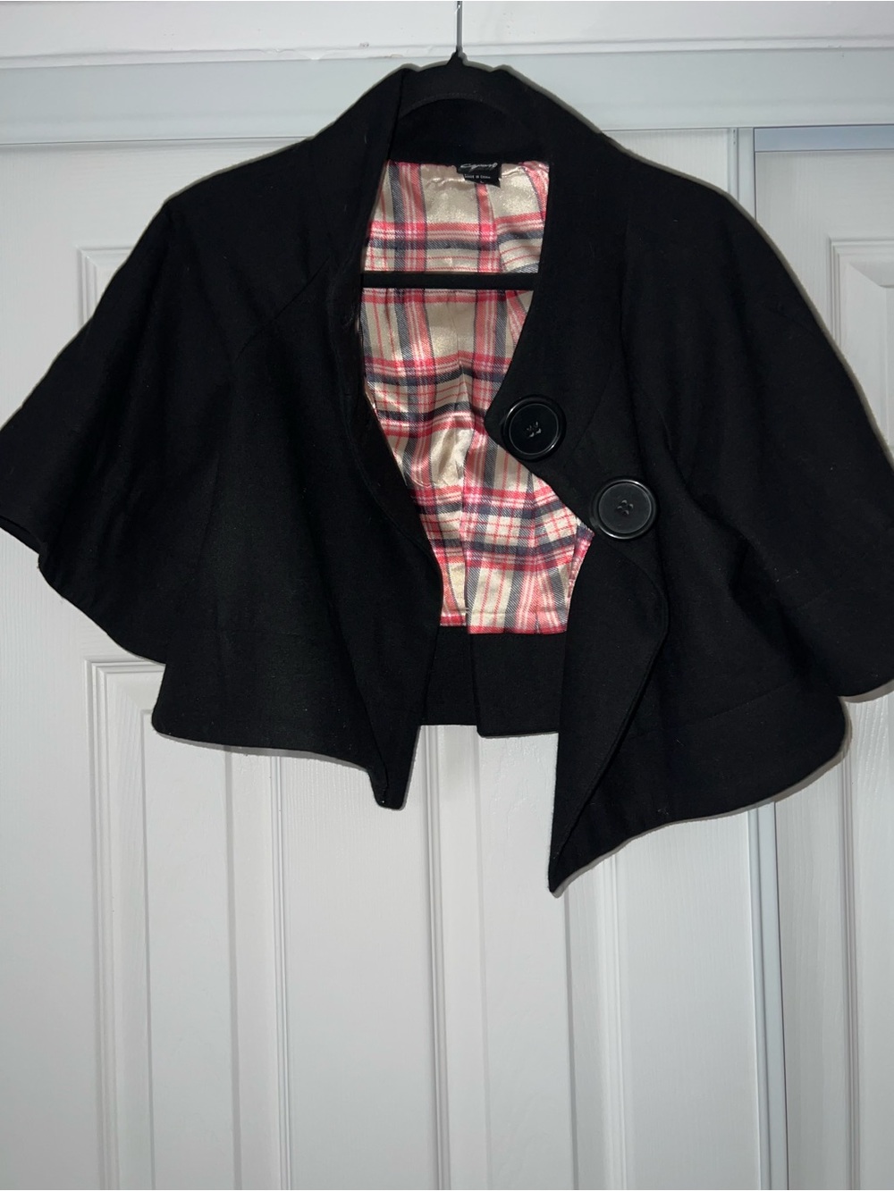 Black Short Cape Jacket with Plaid Lining